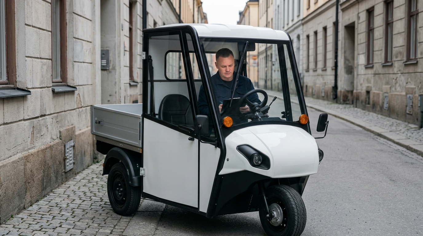 Primo, ett eldrivet trehjuligt nyttofordon, med förare vid ratten